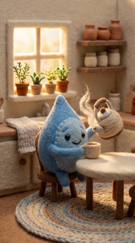 Teardrop having tea in his warm little kitchen